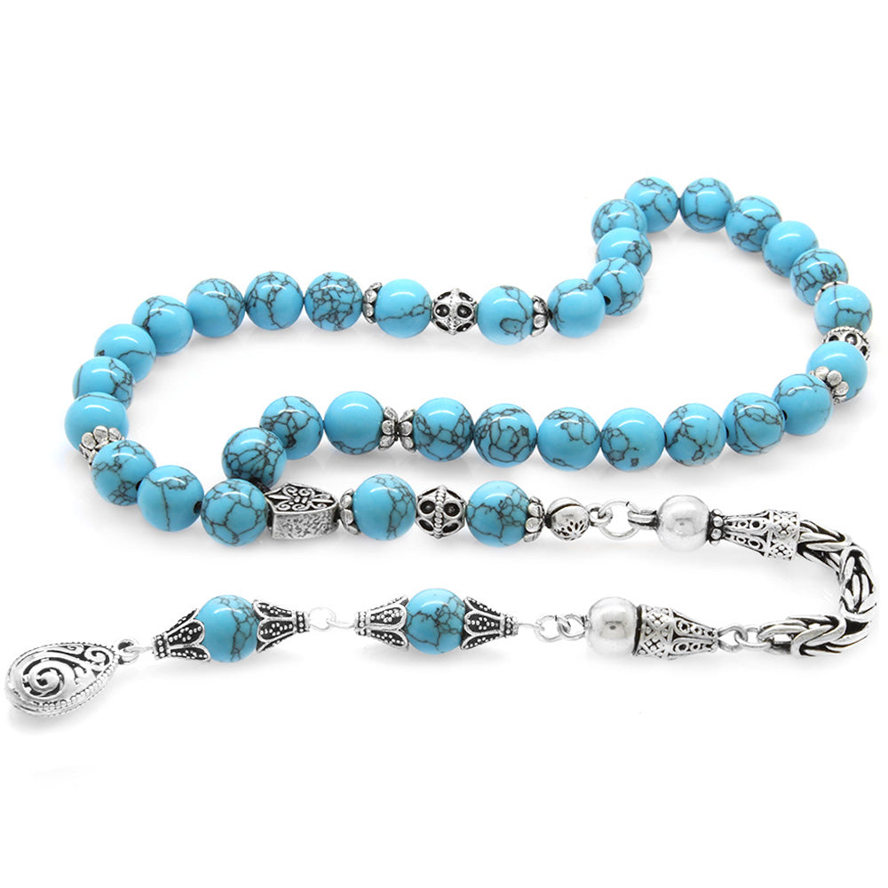 Collectible 925 Sterling Silver Tasseled Globe Cut Turquoise-Turquoise Natural Stone Prayer Beads