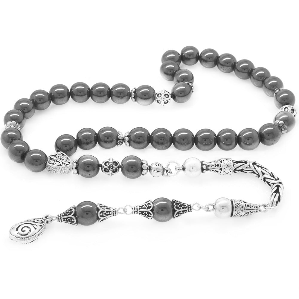 Collectible 925 Sterling Silver Tasseled Sphere Cut Hematite Natural Stone Prayer Beads