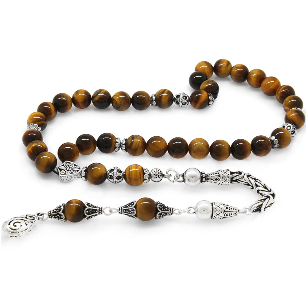 Collectible 925 Sterling Silver Tasseled Sphere Cut Tiger Eye Natural Stone Prayer Beads