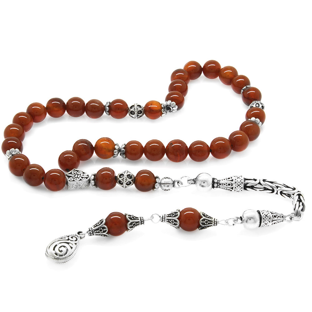 Collectible 925 Sterling Silver Tasseled Globe Cut Red Agate Natural Stone Prayer Beads