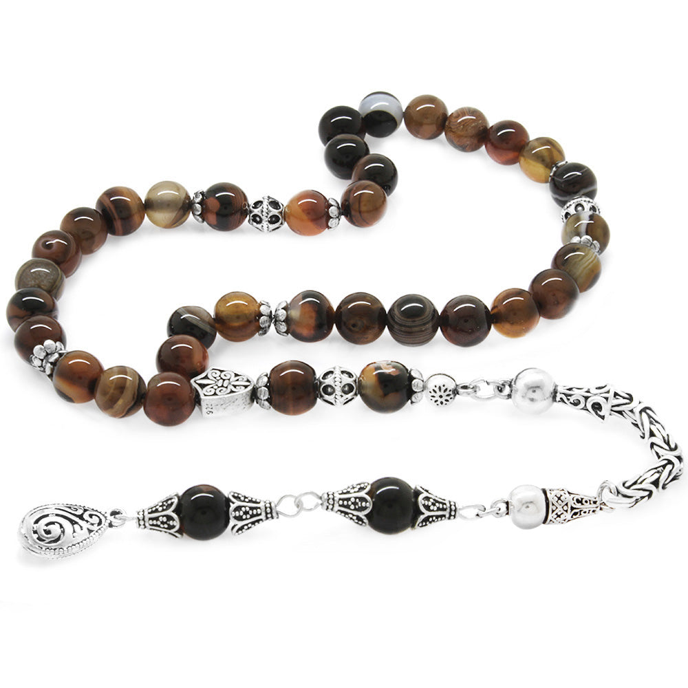 Collectible 925 Sterling Silver Sphere Cut Red-Black Agate Natural Stone Prayer Beads with Tassels