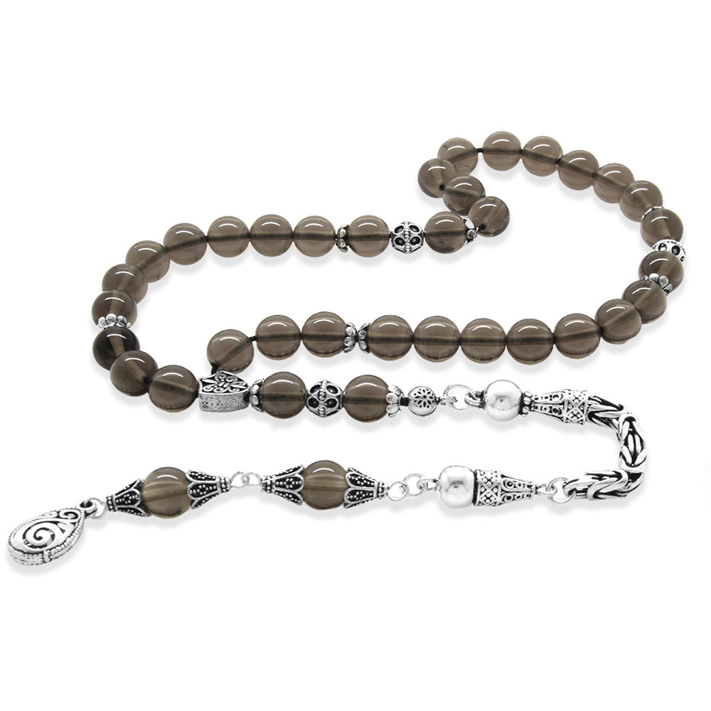 Collectible 925 Sterling Silver Tasseled Sphere Cut Quartz Natural Stone Prayer Beads
