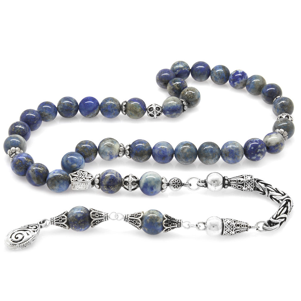 Collectible 925 Sterling Silver Tasseled Sphere Cut Lapis Natural Stone Prayer Beads