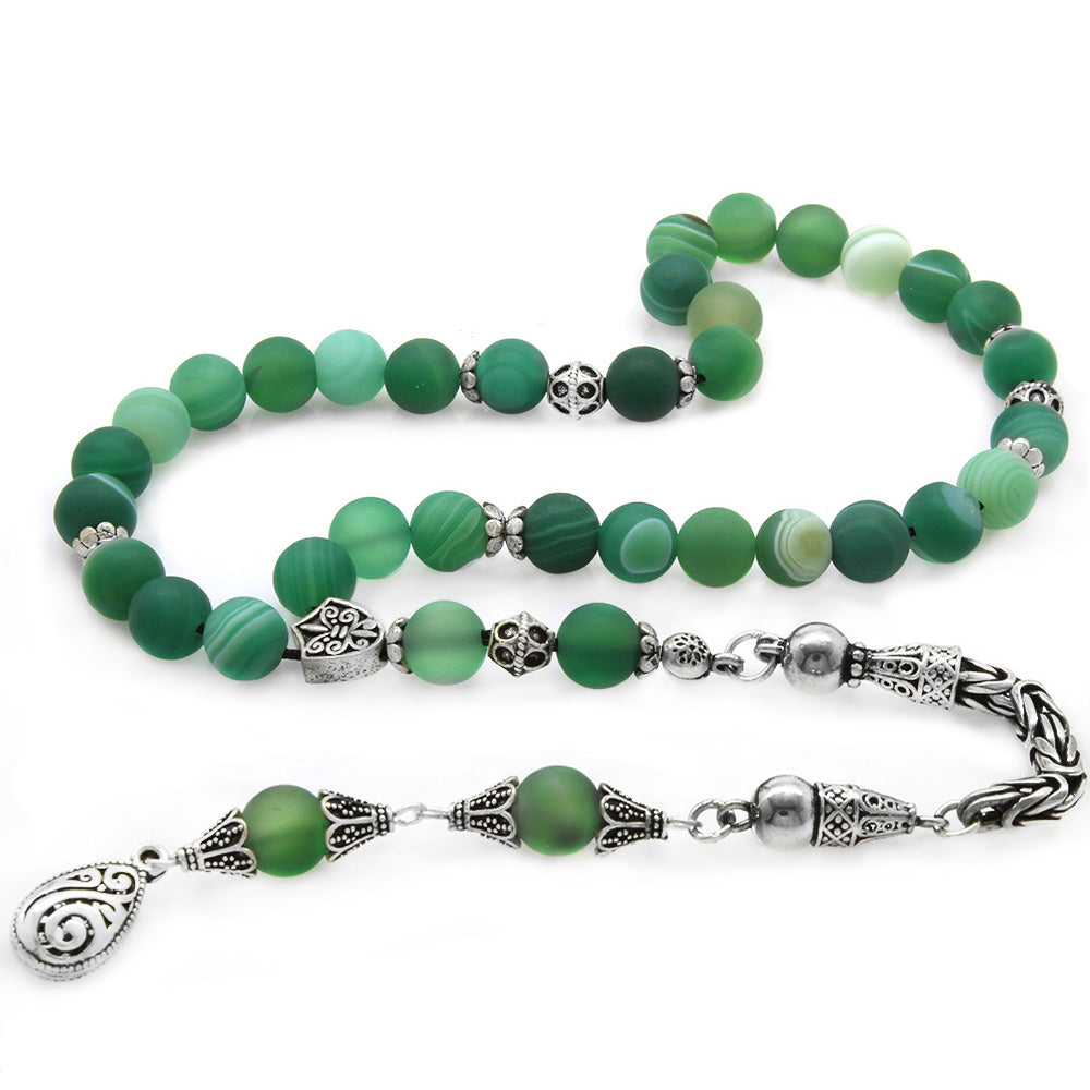 Collectible 925 Sterling Silver Tasseled Globe Cut Matte Green-White Agate Natural Stone Prayer Beads