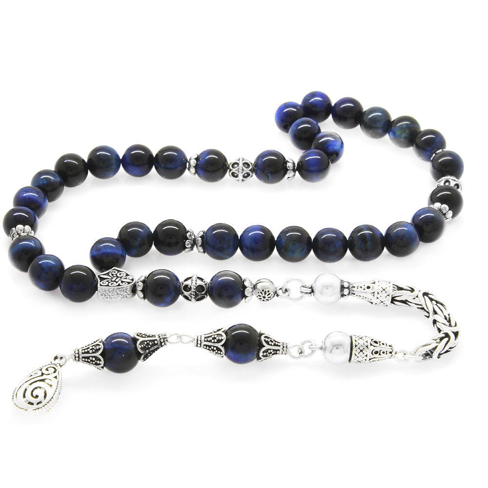 Collectible 925 Sterling Silver Tasseled Globe Cut Blue Tiger's Eye Natural Stone Prayer Beads