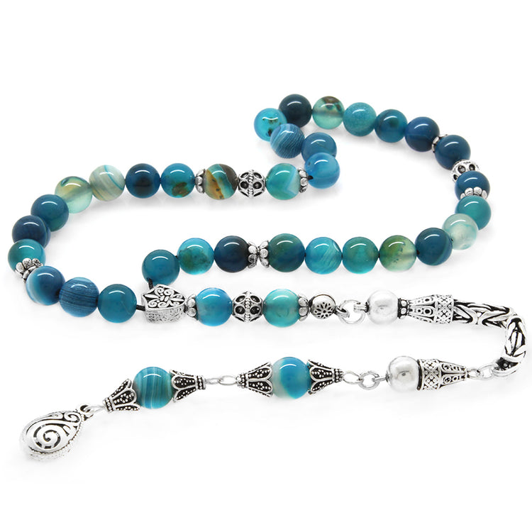 Collectible 925 Sterling Silver Tasseled Globe Cut Blue-Turquoise Agate Natural Stone Prayer Beads