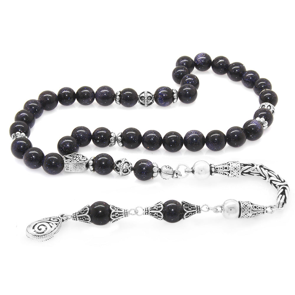 Collectible 925 Sterling Silver Tasseled Sphere Cut Blue Star Stone Natural Stone Prayer Beads