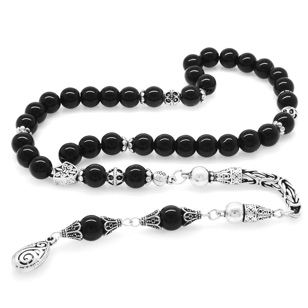 Collectible 925 Sterling Silver Tasseled Sphere Cut Onyx Natural Stone Prayer Beads
