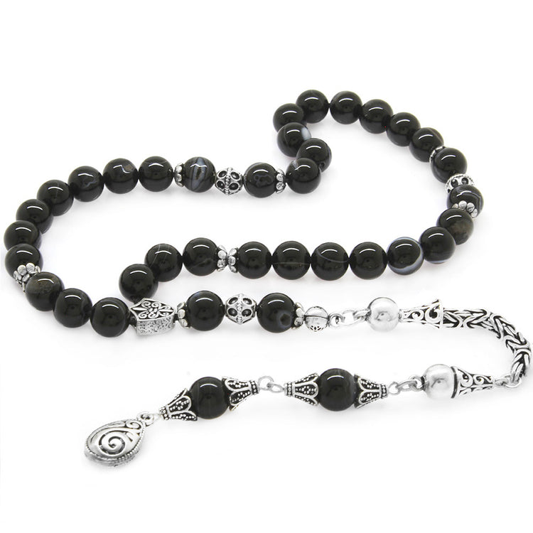 Collectible 925 Sterling Silver Tasseled Globe Cut Suleyman Agate Natural Stone Prayer Beads