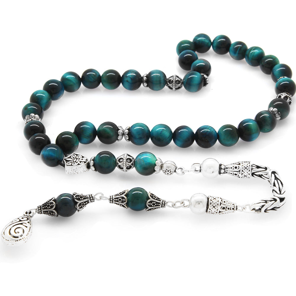 Collectible 925 Sterling Silver Tasseled Globe Cut Turquoise Tiger's Eye Natural Stone Prayer Beads