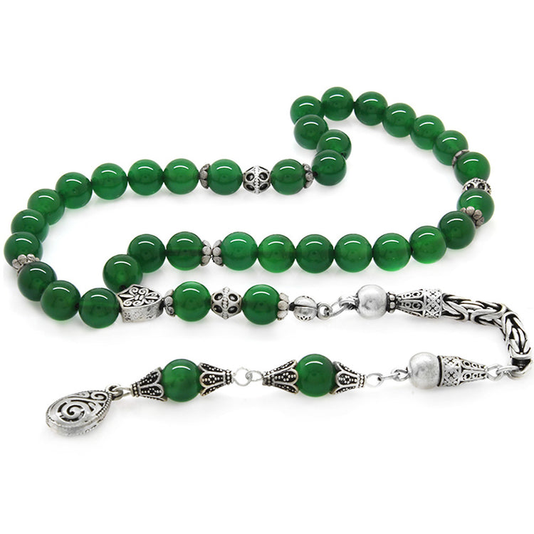 Collectible 925 Sterling Silver Tasseled Sphere Cut Green Agate Natural Stone Prayer Beads