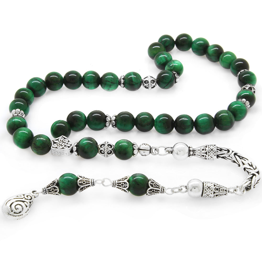 Collectible 925 Sterling Silver Tasseled Sphere Cut Green Tiger's Eye Natural Stone Prayer Beads