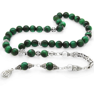 Collectible 925 Sterling Silver Tasseled Sphere Cut Green Tiger's Eye Natural Stone Prayer Beads
