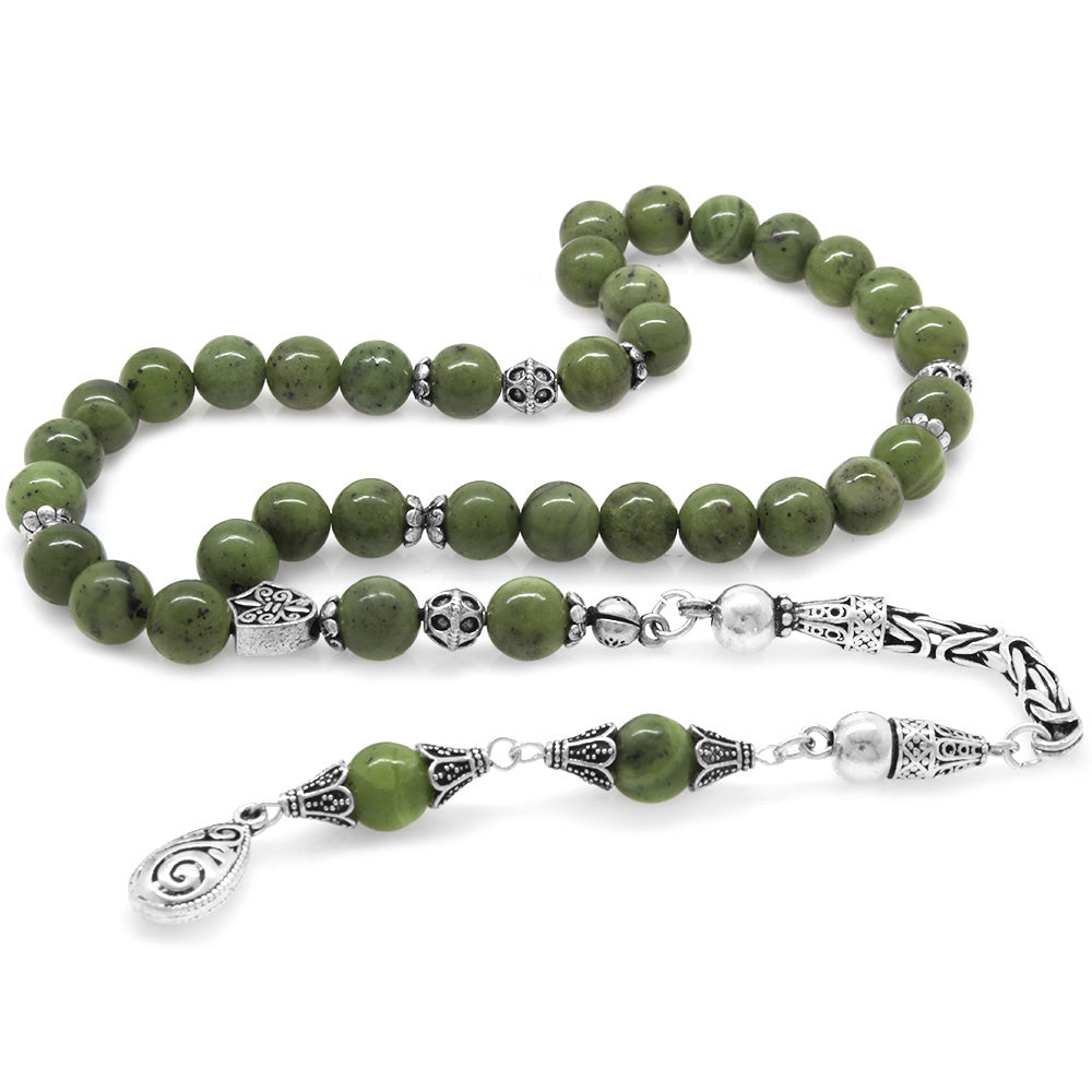 Collectible 925 Sterling Silver Tasseled Sphere Cut Jade Natural Stone Prayer Beads