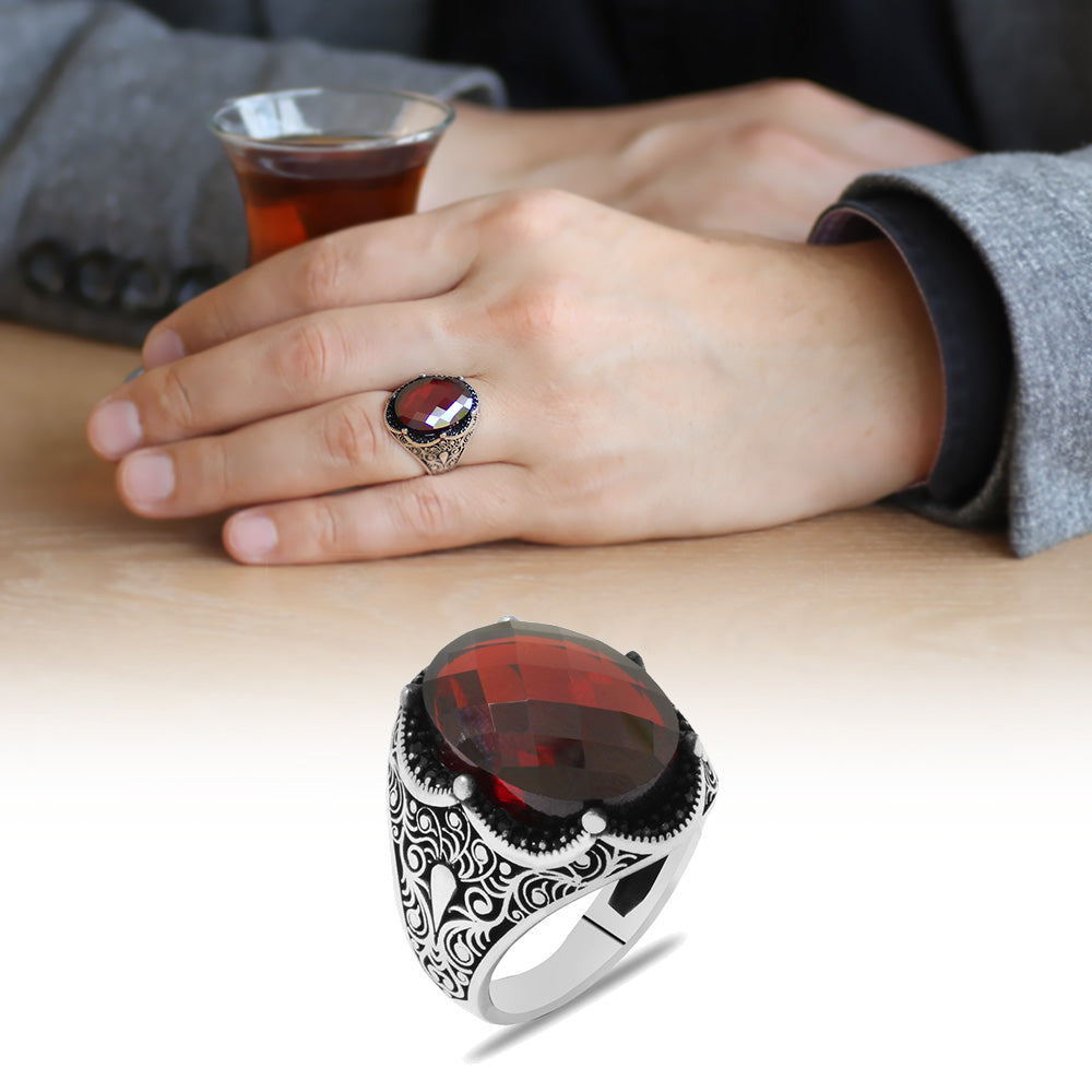 King's Crown Design Facet Red Zircon Stone 925 Sterling Silver Men's Ring
