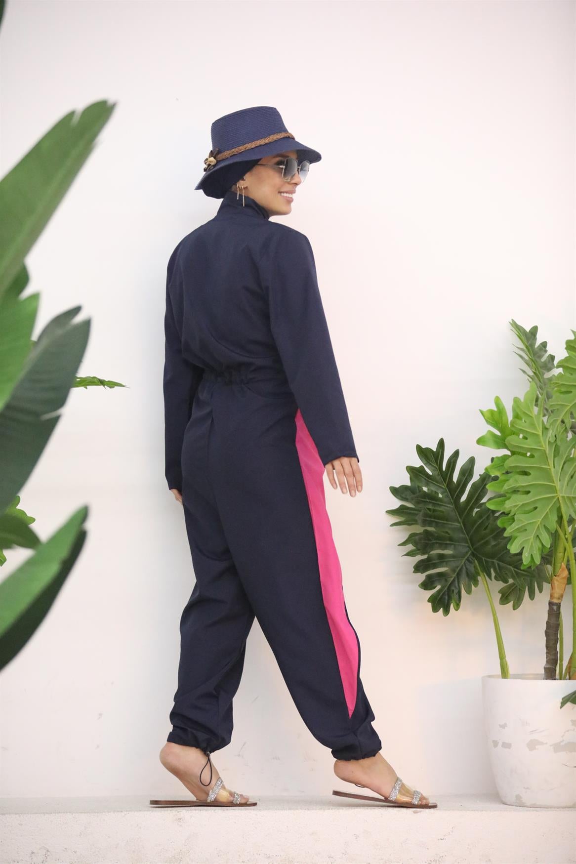 Belted Jumpsuit Swimsuit Navy Blue Pink