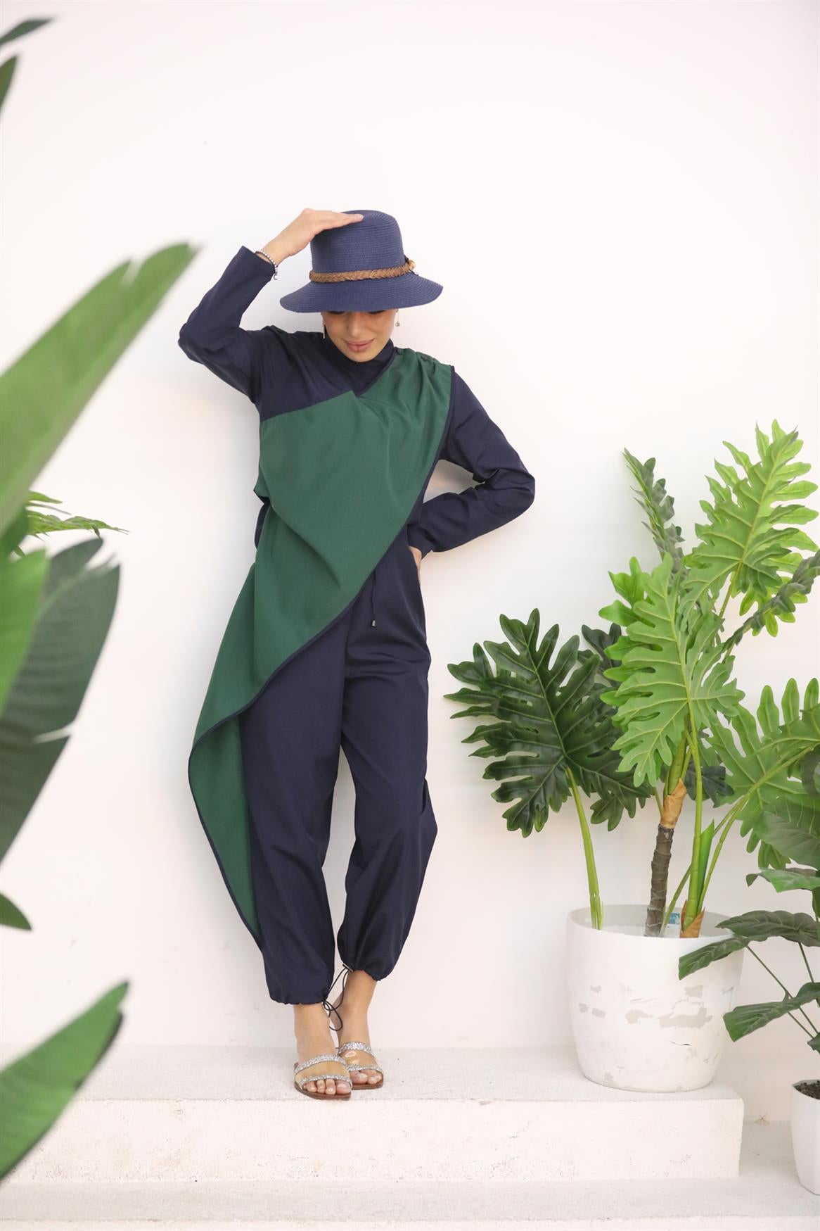 Belted Jumpsuit Swimsuit Navy Blue Green