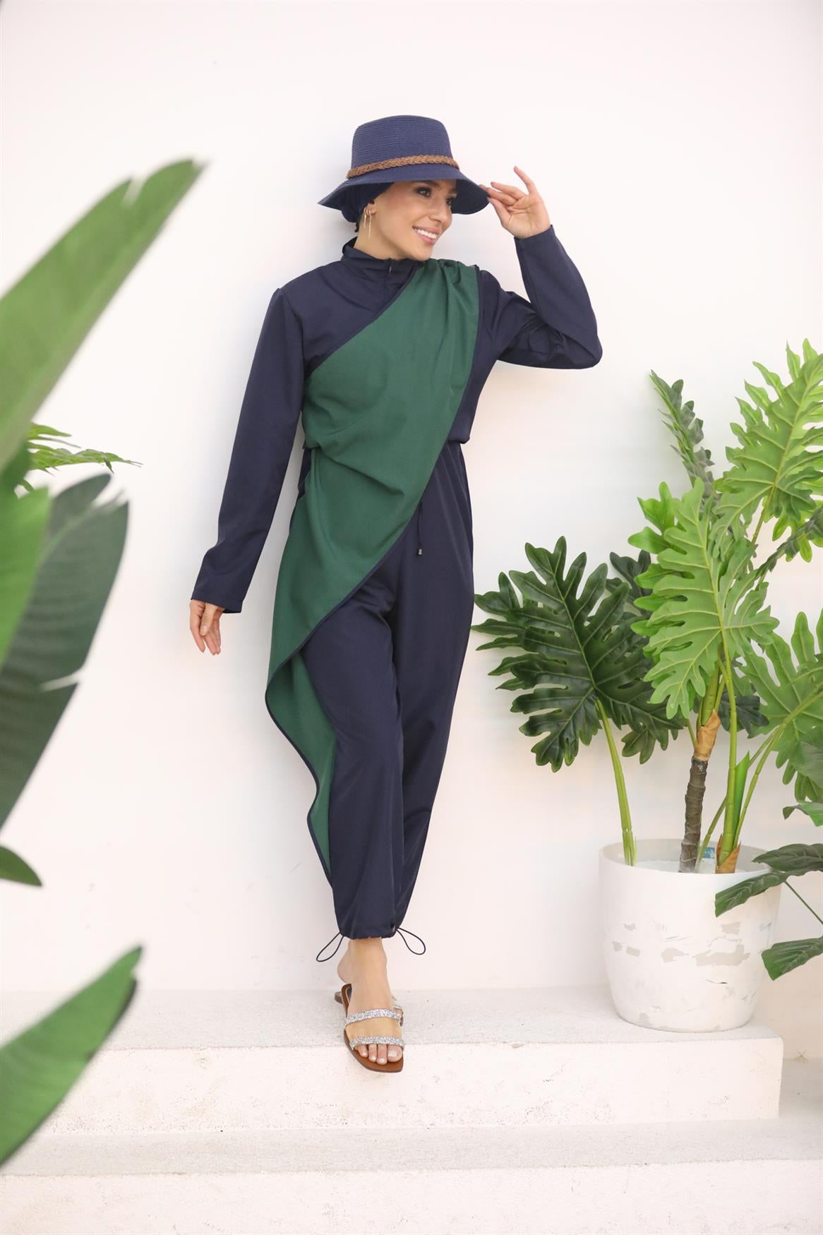 Belted Jumpsuit Swimsuit Navy Blue Green