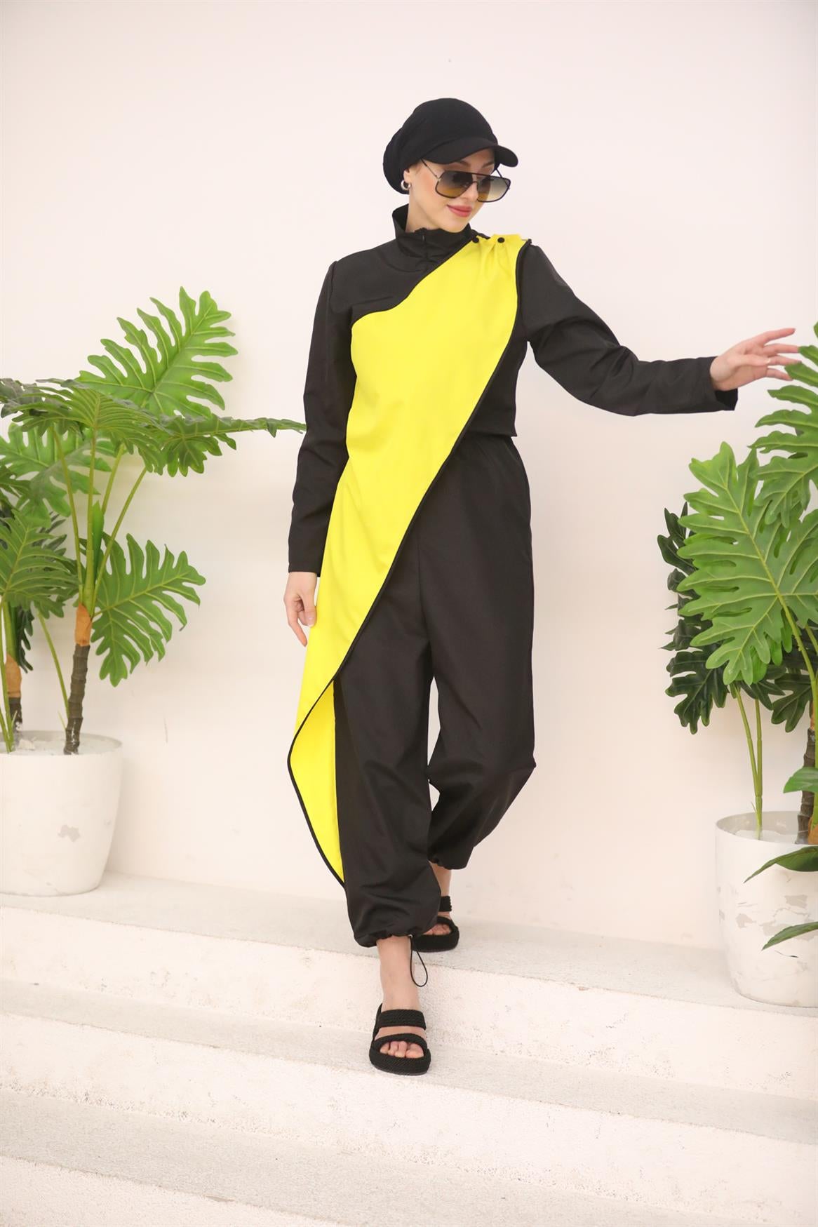 Belted Jumpsuit Swimsuit Black Yellow