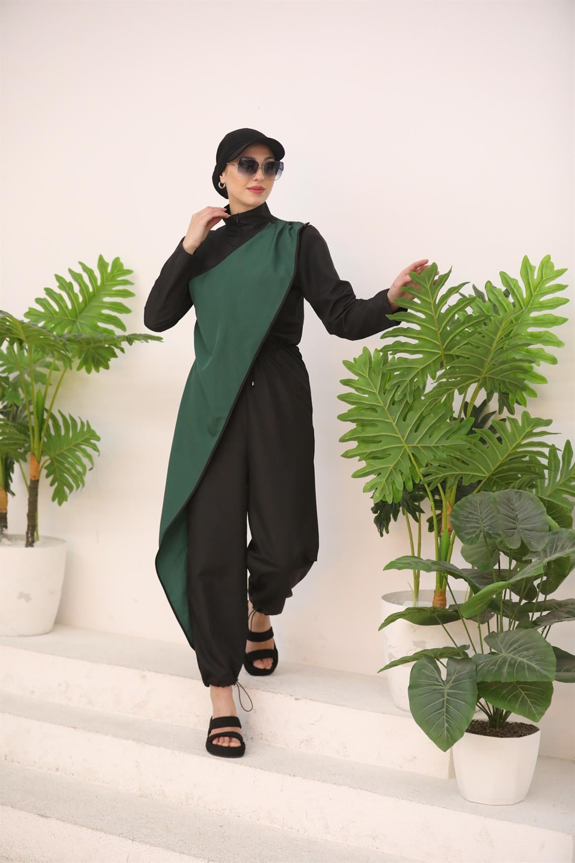 Belted Jumpsuit Swimsuit Black Green