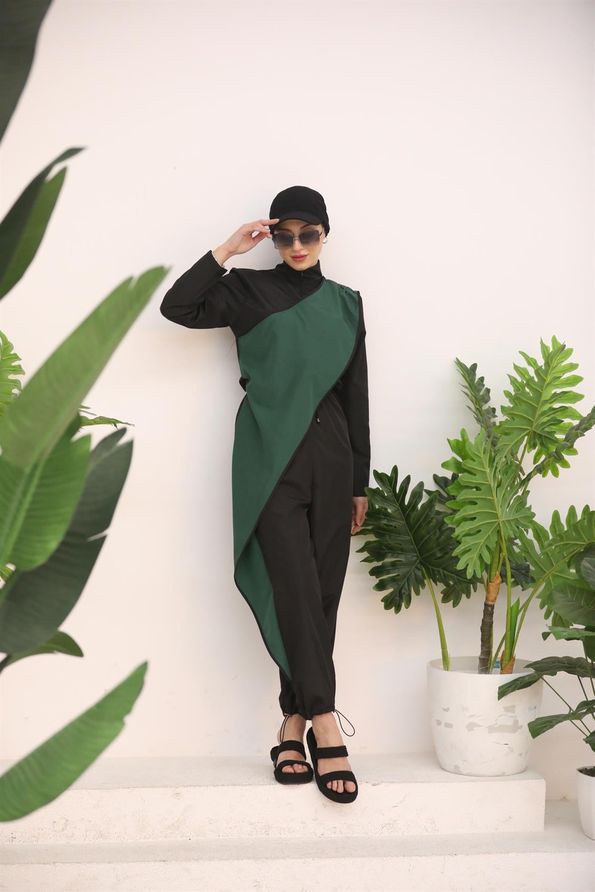 Belted Jumpsuit Swimsuit Black Green
