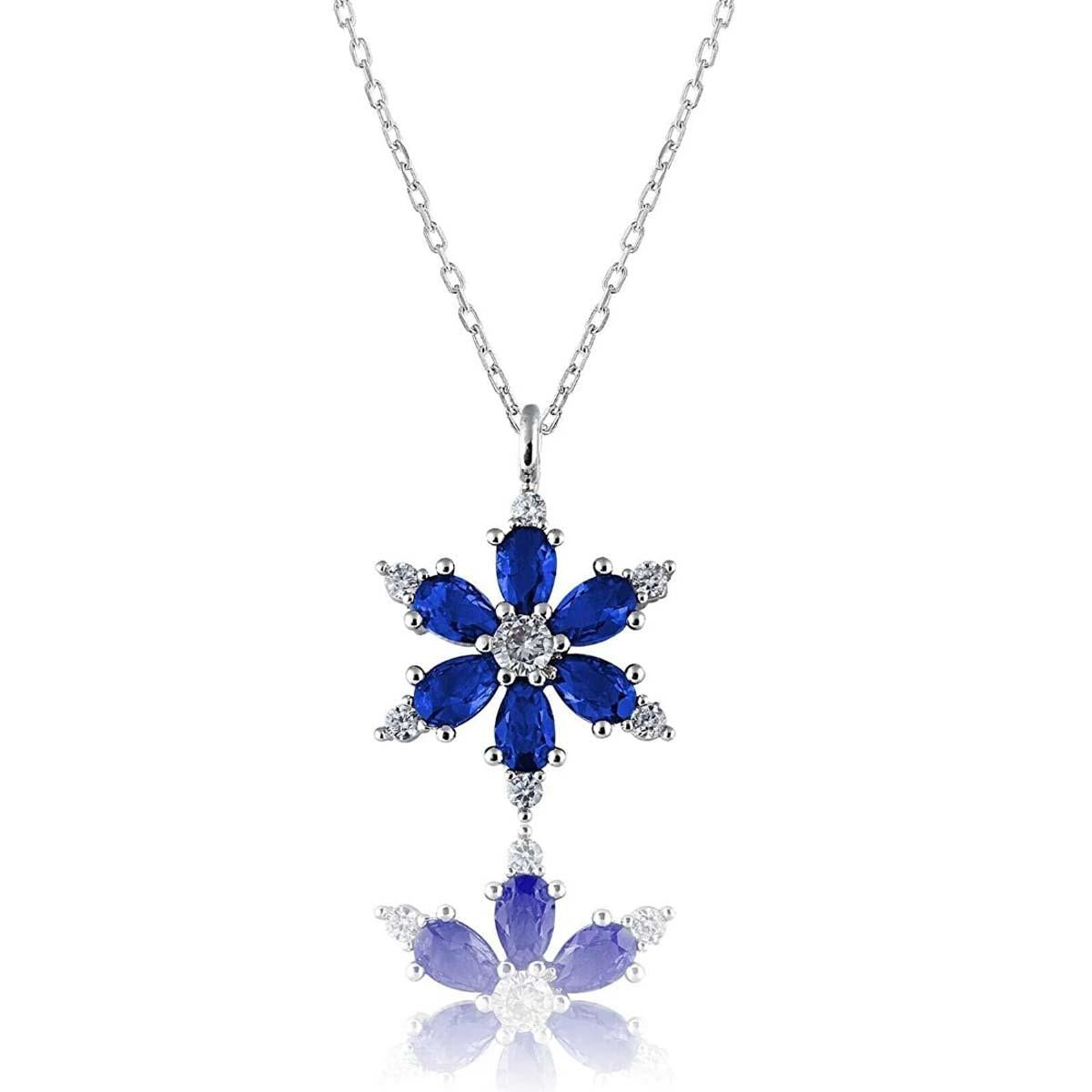 Ve Tesbih Blue Zircon Stone Lotus Flower Silver Necklace