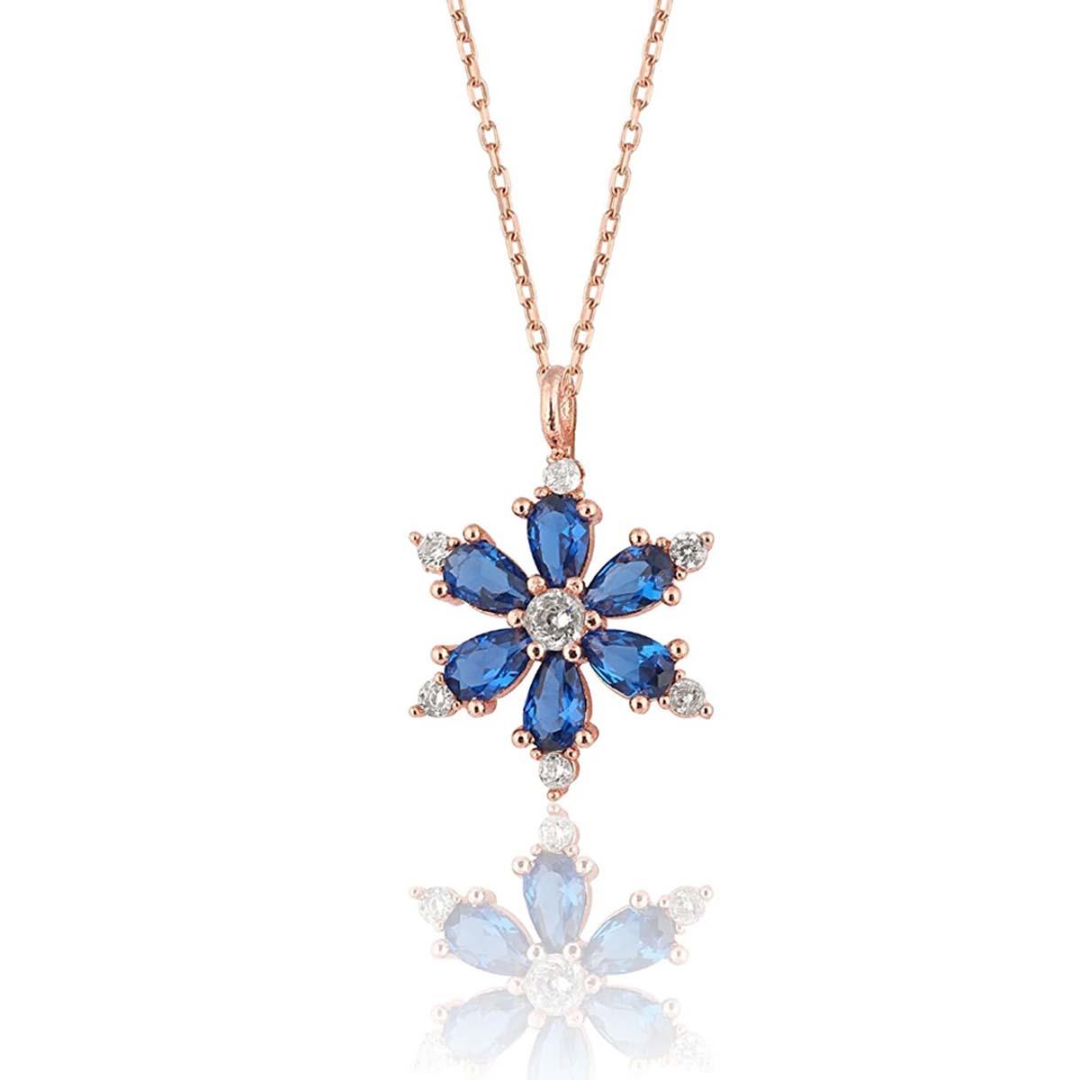 Ve Tesbih Blue Zircon Stone Lotus Flower Rose Silver Necklace