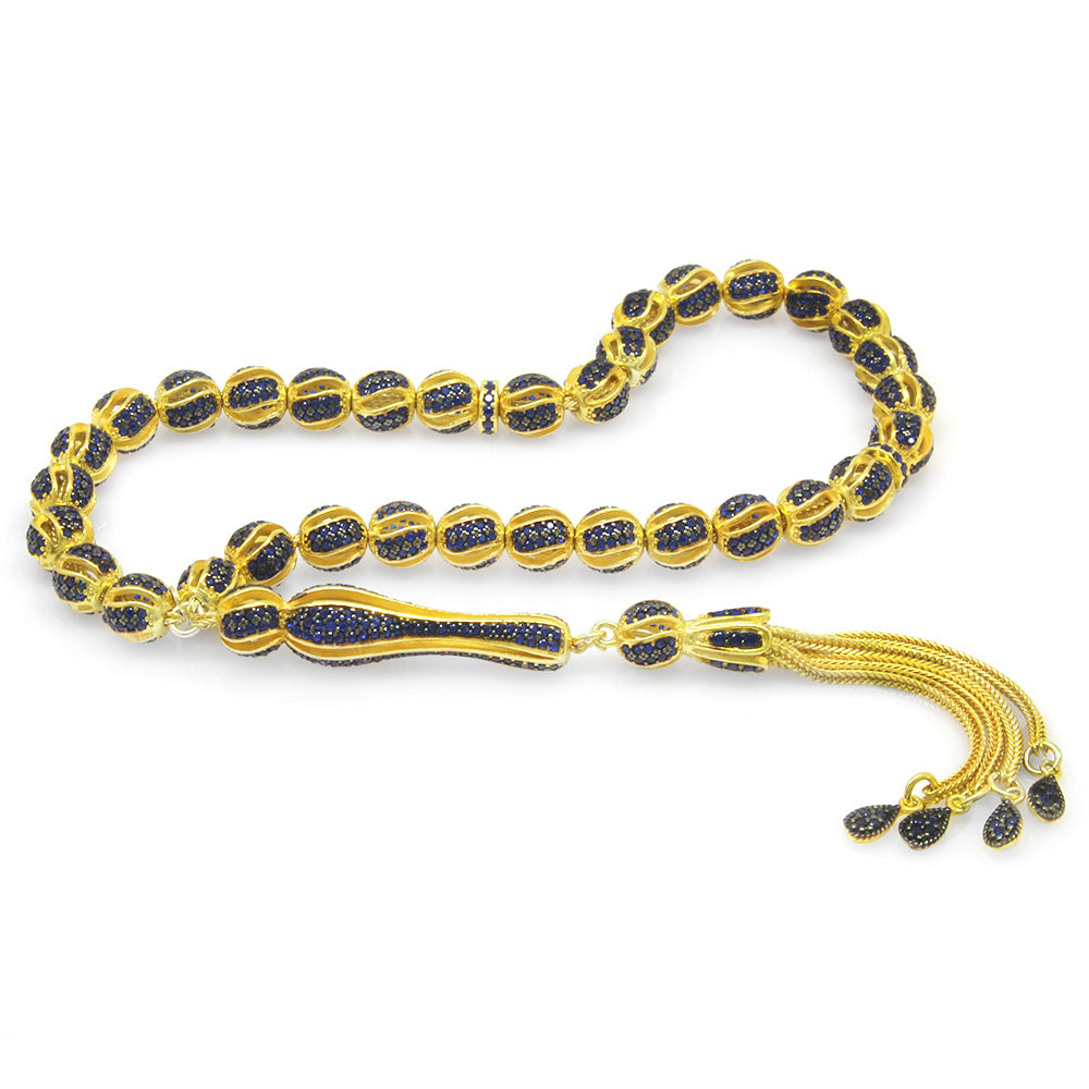 Gold 925 Silver Prayer Beads with Dark Blue Zircon Stones