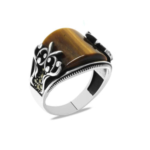 Marcasite Stone Embroidered Domed Tiger Eye Stone 925 Sterling Silver Men's Ring