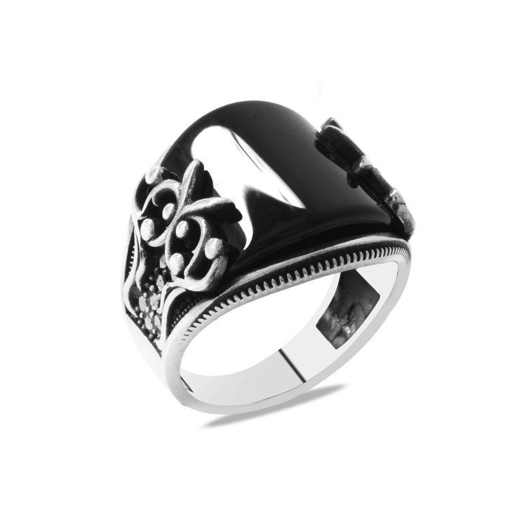 925 Sterling Silver Men's Ring with Marcasite Stone Embroidered Black Domed Onyx Stone