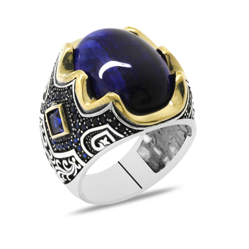 Silver Men Ring with Blue Tiger Eye Stone and Engraving