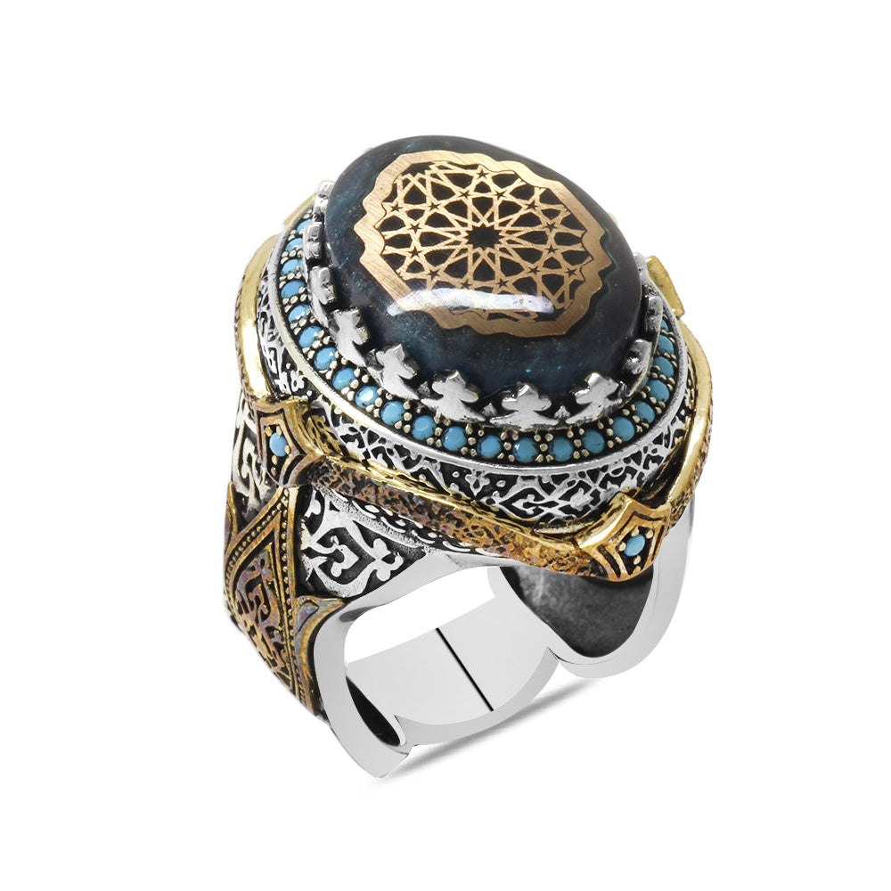 925 Sterling Silver Men's Ring with Seljuk Pattern Motif 