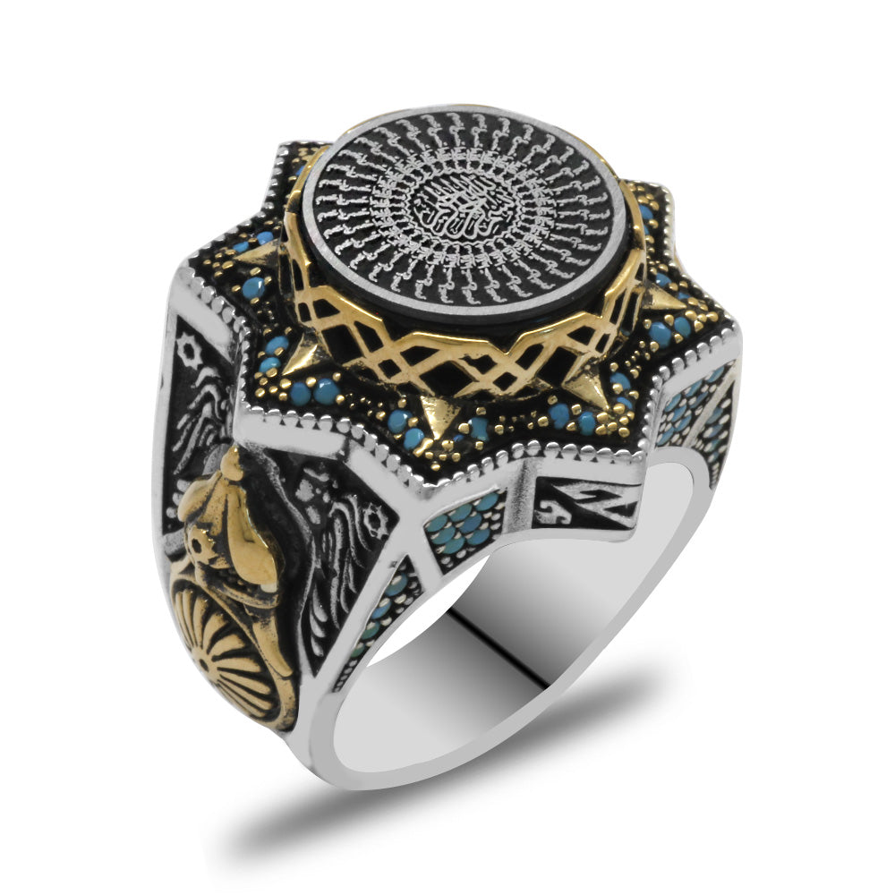 Star Design 925 Sterling Silver Men's Ring with Bismillah on Blue Amber