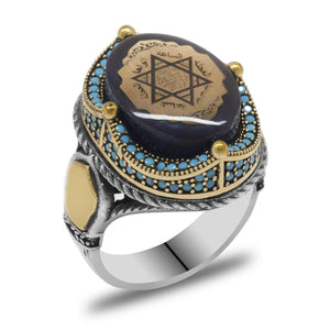Silver Men's Ring with Seal of Solomon on Blue Amber