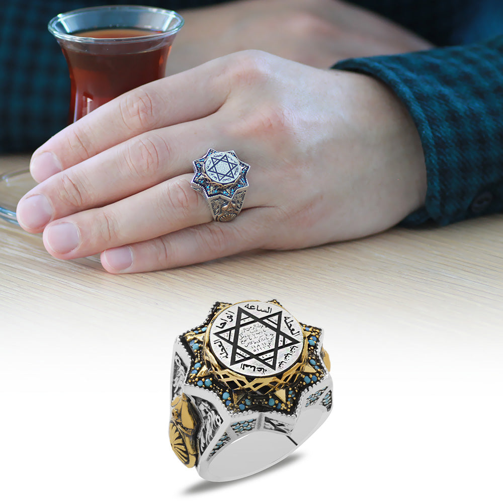 Star Design Silver Men Ring with Seal of Solomon Engraved