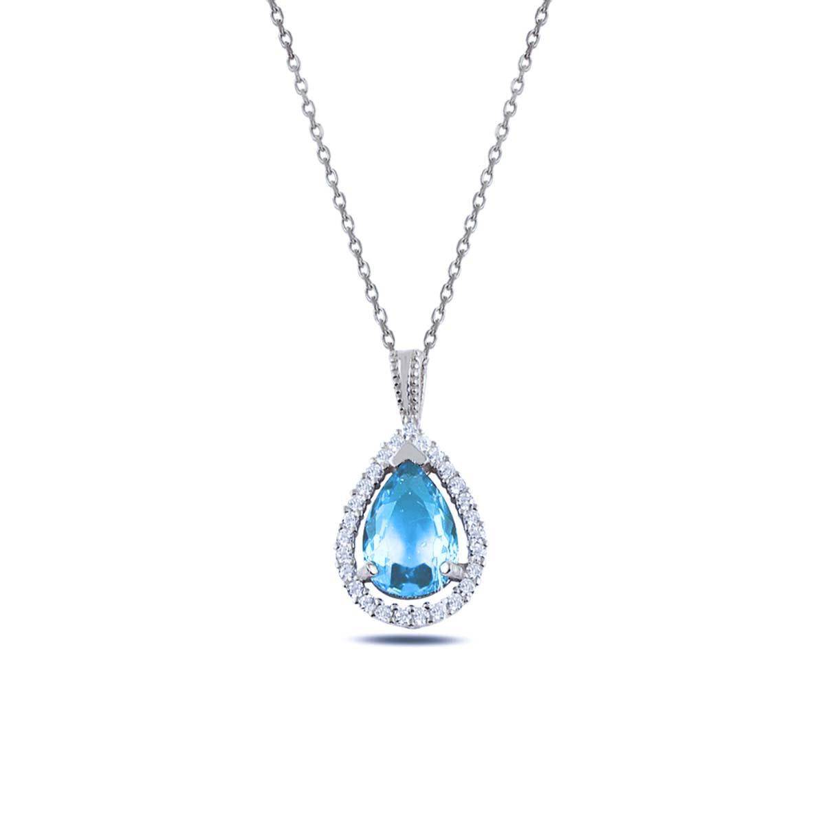 Ve Tesbih Blue Zircon Stone Silver Necklace 