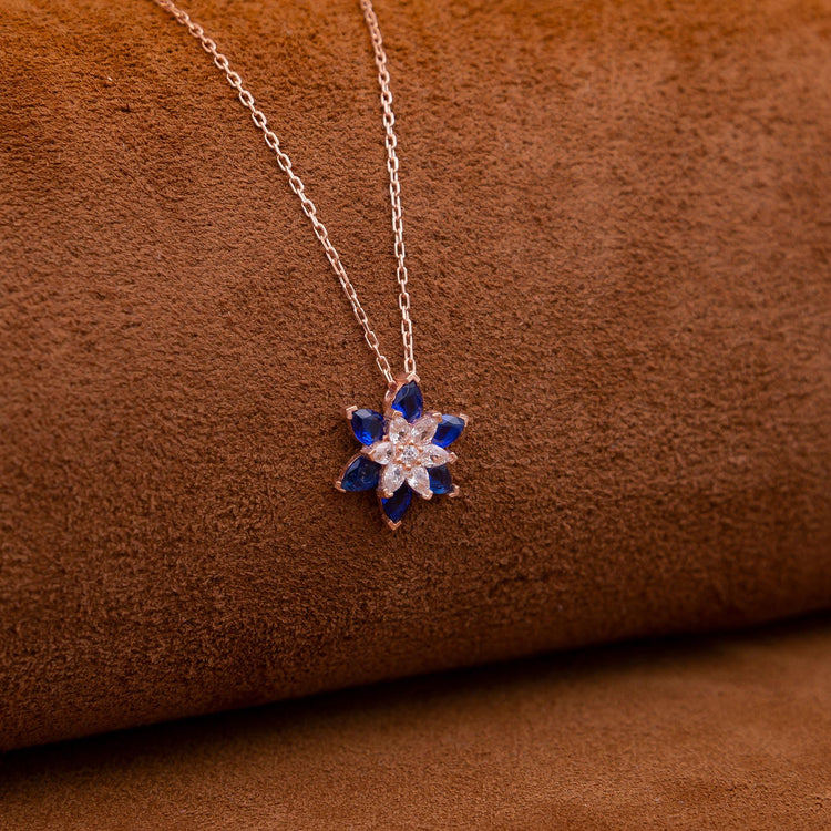 Ve Tesbih Lotus Flower Silver Necklace with Blue Zircon Stone