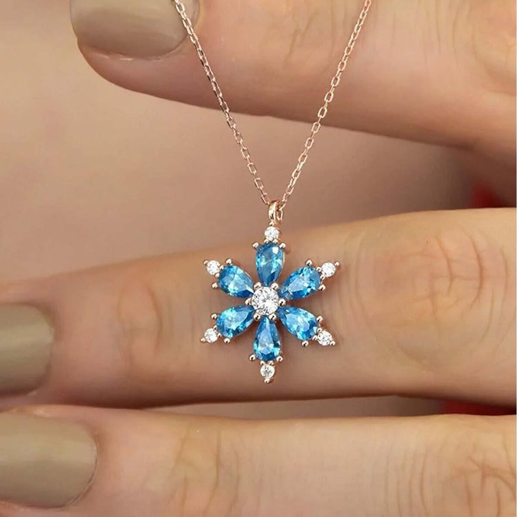 Lotus Flower Rose Silver Necklace with Blue Zircon Stone
