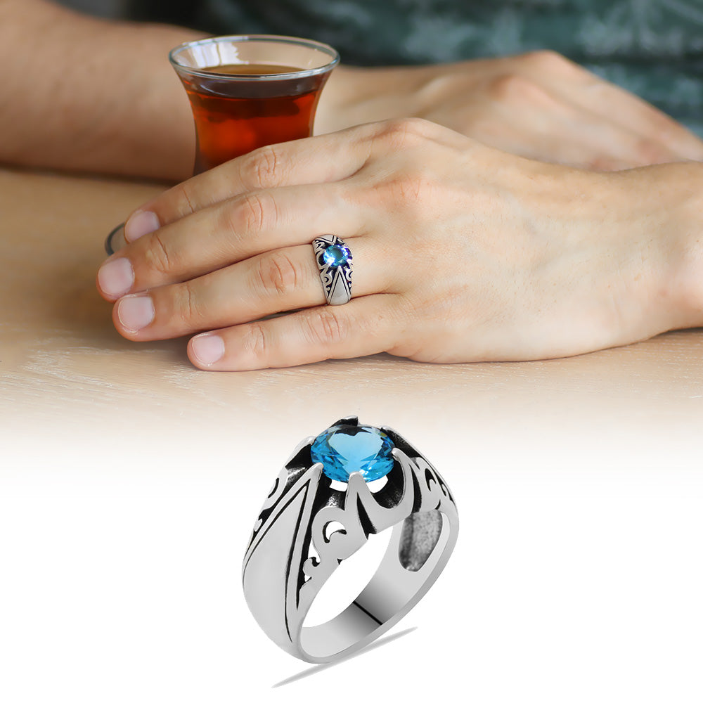 Minimal Design 925 Sterling Silver Men&#39;s Ring with Blue Zircon Stone