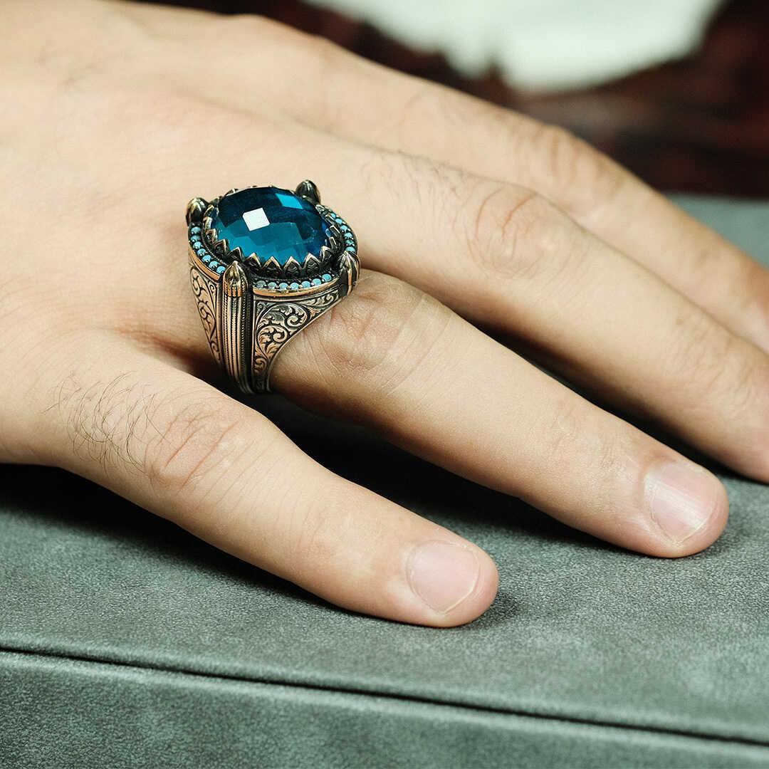 Ve Tesbih Silver Men's Ring with Blue Zircon Stone 1