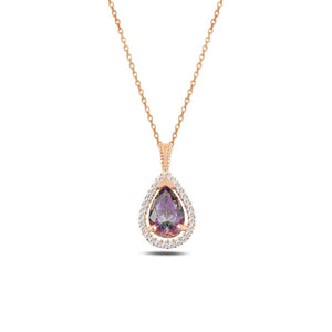Ve Tesbih Mystic Topaz Stone Drop Model Rose Silver Necklace