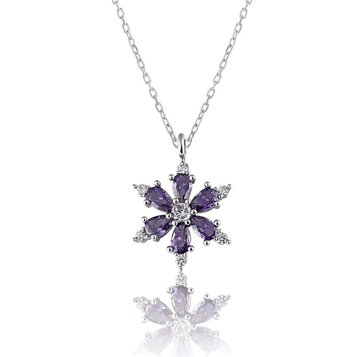 Lotus Flower Silver Necklace with Purple Zircon Stone