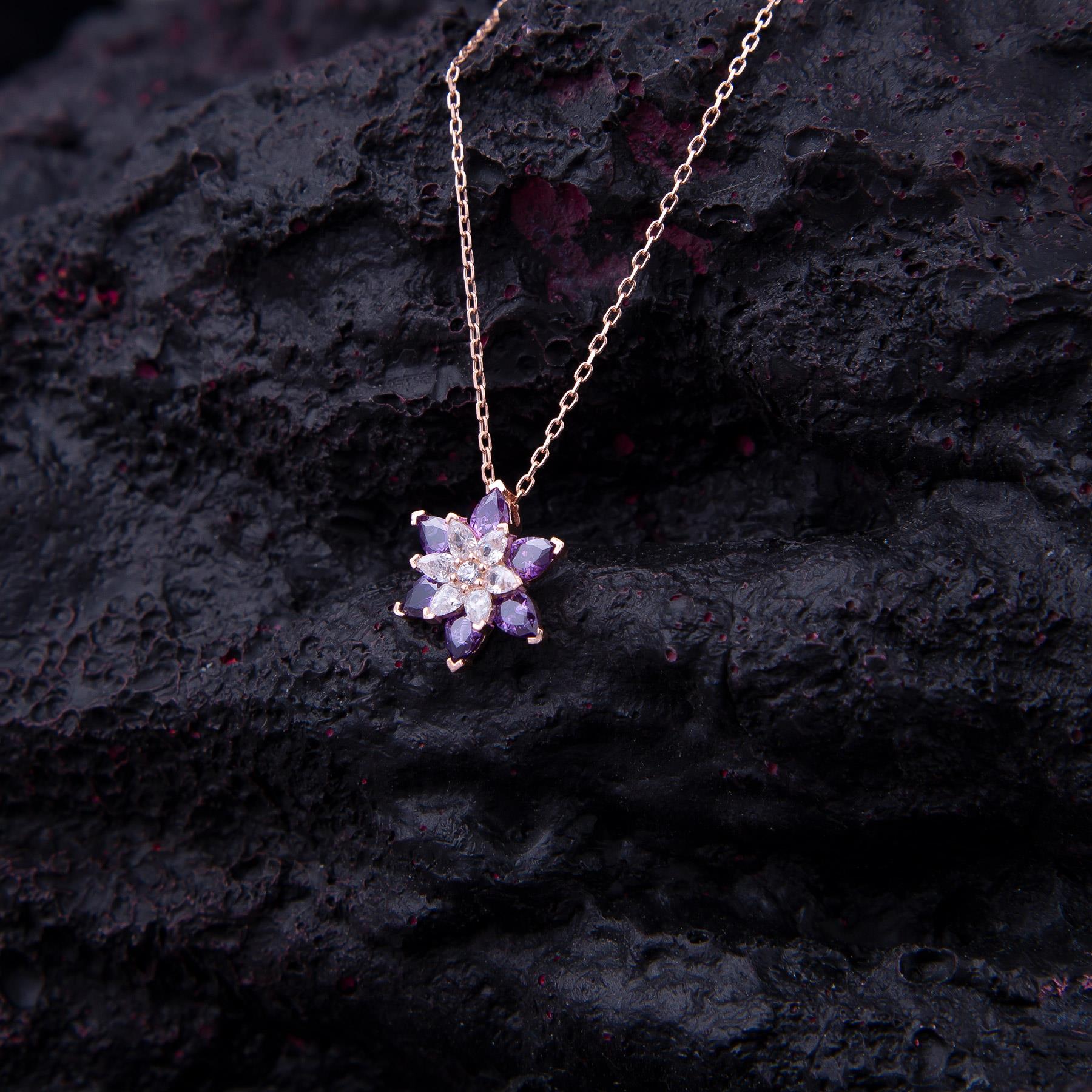 Purple Zircon Stone Lotus Flower Rose Silver Necklace