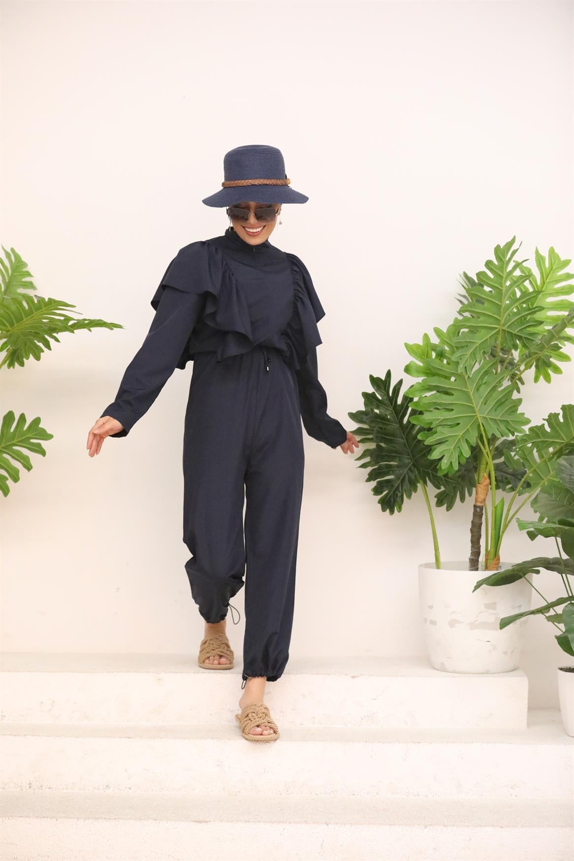 Navy Blue Jumpsuit Swimsuit with Flared Shoulders