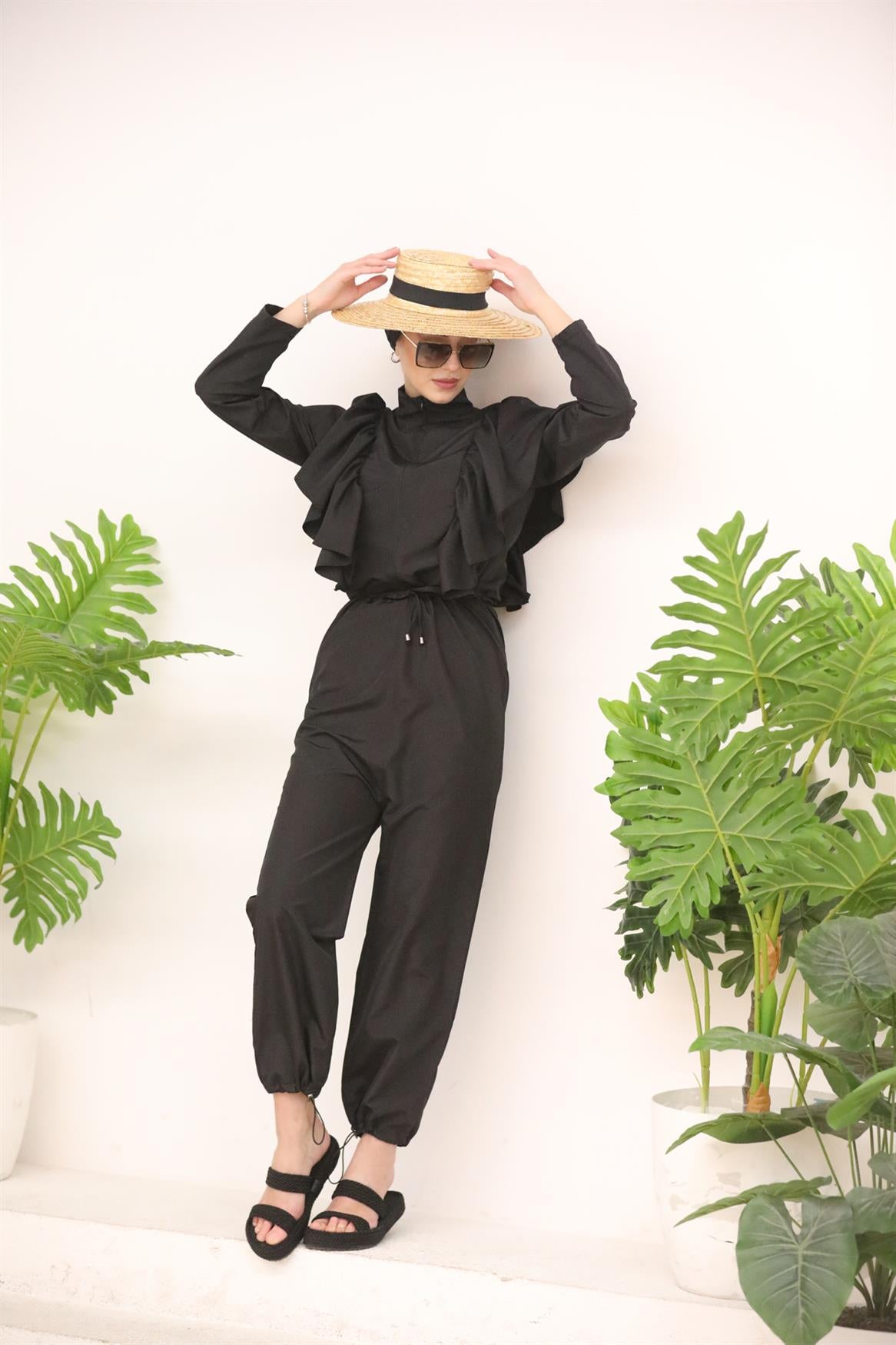 Black Jumpsuit Swimsuit with Flared Shoulders