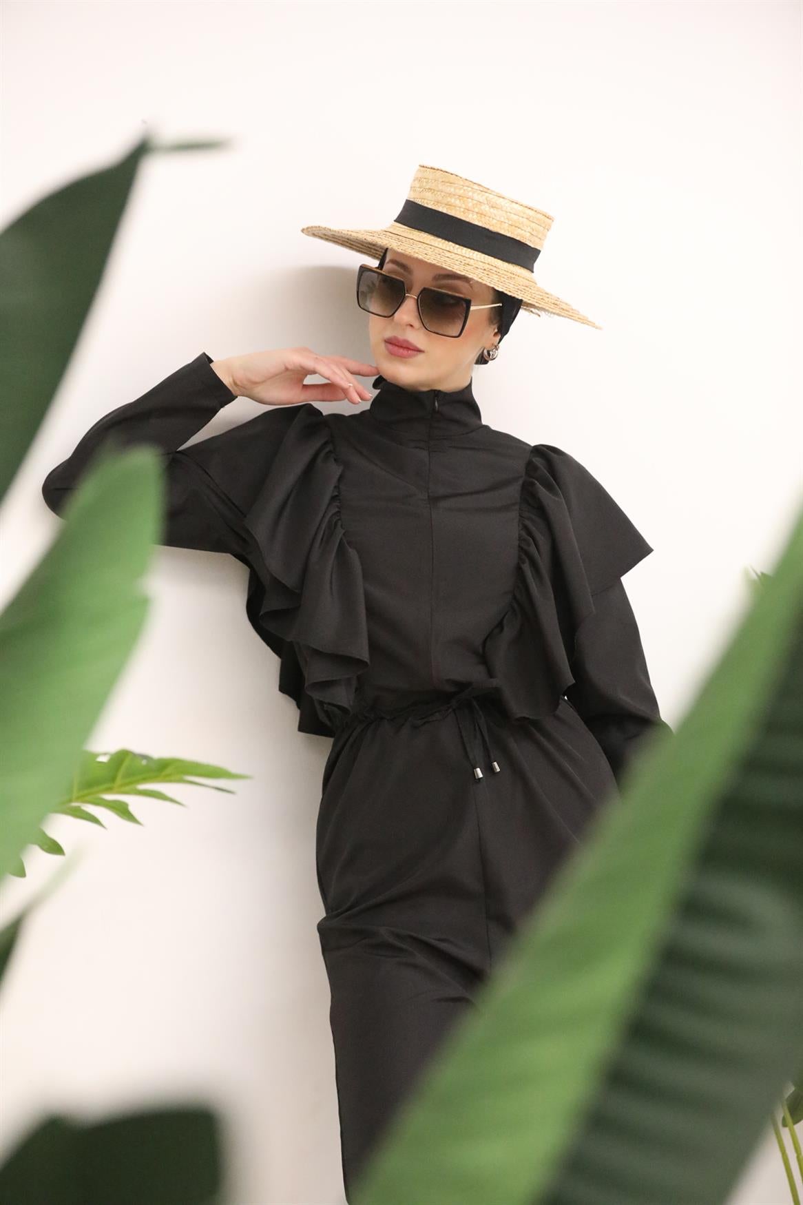Black Jumpsuit Swimsuit with Flared Shoulders