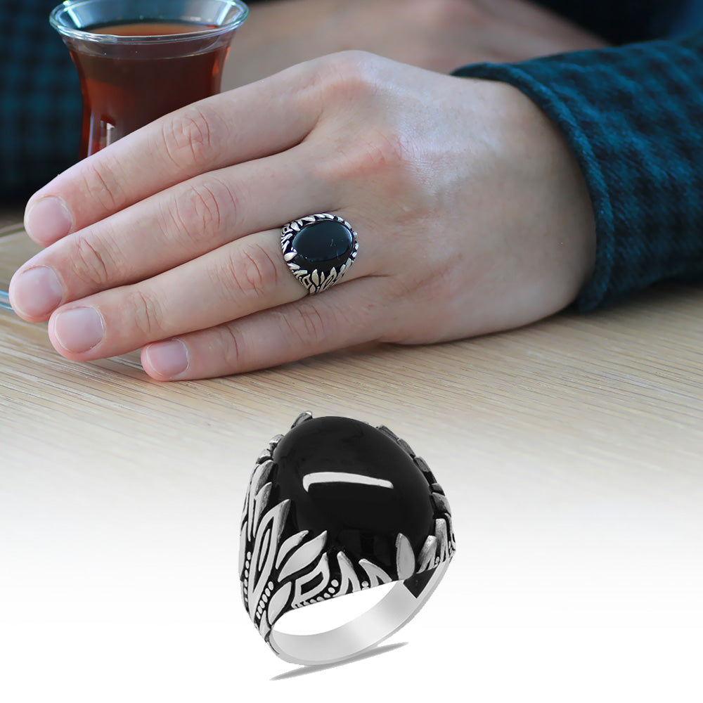 Onyx Stone Flame Design 925 Sterling Silver American Ring
