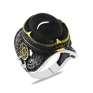925 Sterling Silver Men's Ring with Onyx Stones and Seal of Solomon Engraved on the Edges