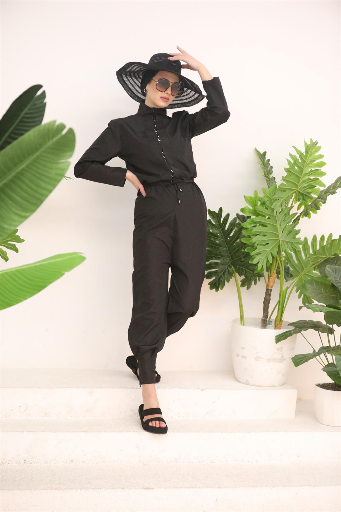 Jumpsuit with Patterned Piping on the Front