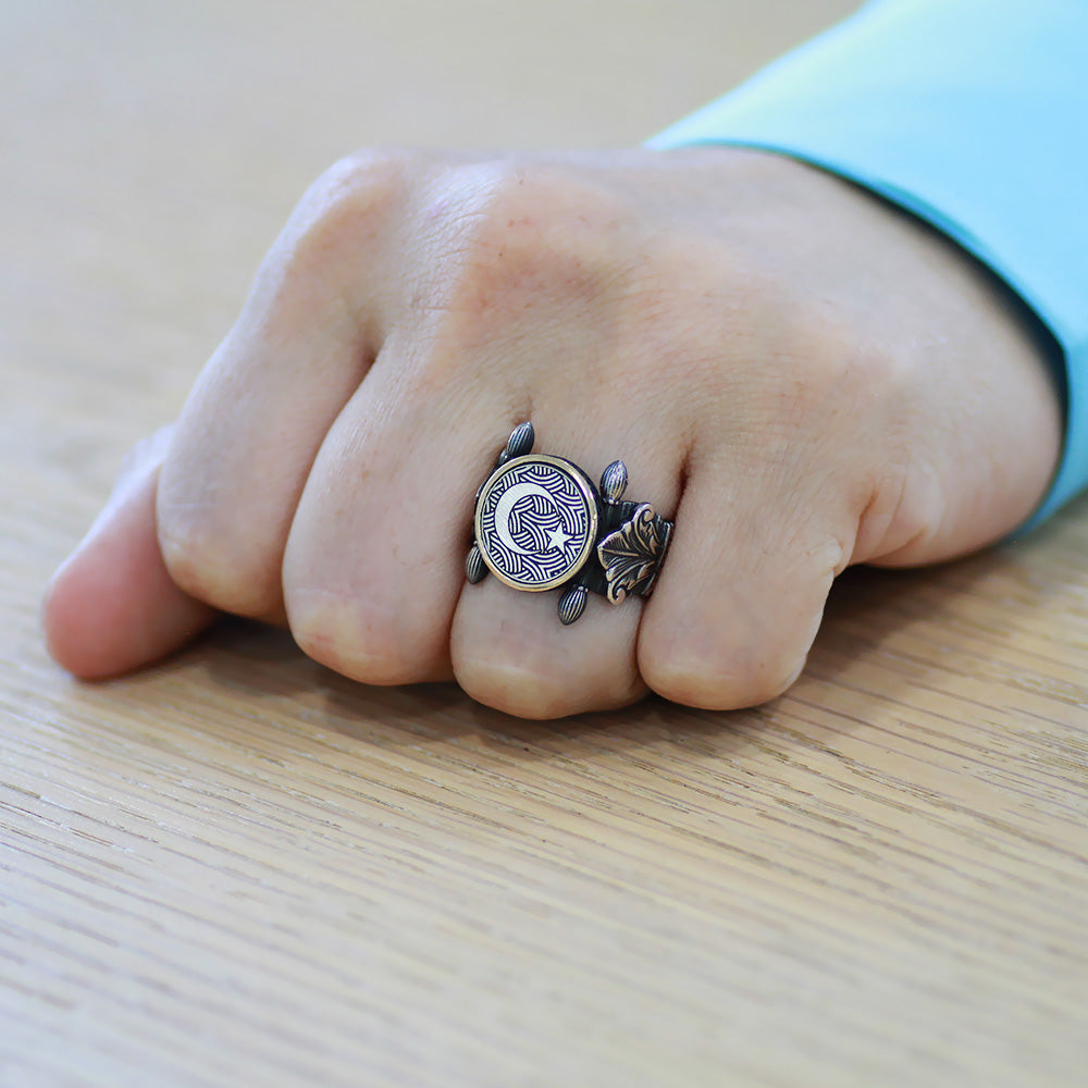 Silver Men's Ring with Star and Crescent Motif